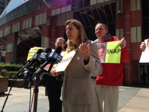 SNAP president Barbara Blaine speaks outside the Thompson Center (Photo: WLS News)