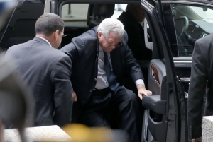 Former House Speaker Dennis Hastert arrives at the federal courthouse Wednesday, April 27, 2016, in Chicago, for his sentencing on federal banking charges which he pled guilty to last year. (AP Photo/Charles Rex Arbogast)