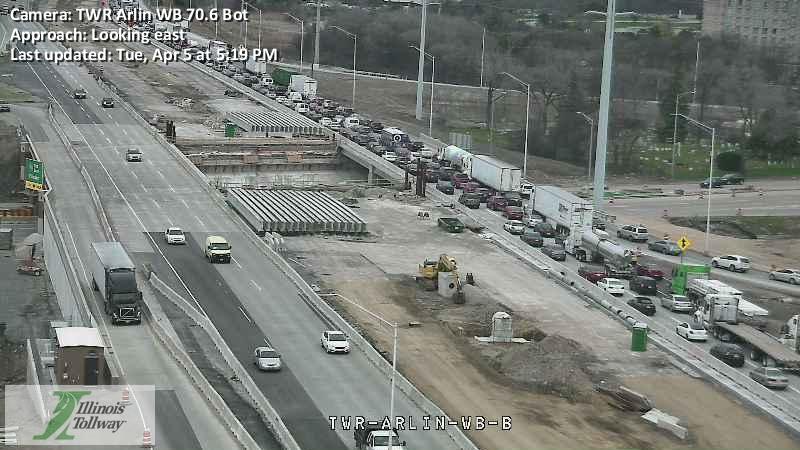 Traffic back up on the Addams Tollway due to the closed left two lanes at Lee Street.