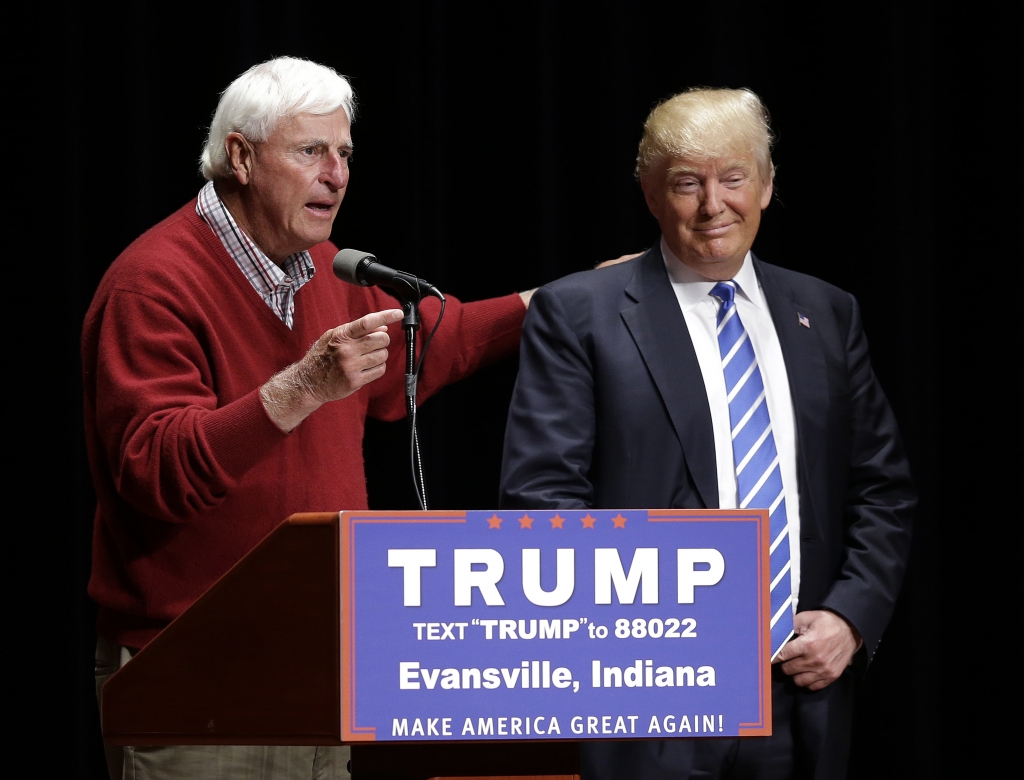 Former Indiana basketball coach Bob Knight talks about Republican presidential candidate Donald Trump speaks during a campaign stop at Old National Events Plaza, Thursday, April 28, 2016, in Evansville, Ind. (AP Photo/Darron Cummings)