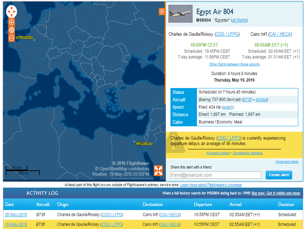 Screenshot from FlightAware.com EgyptAir Flight 804 vanishes from radar with 66 people aboard