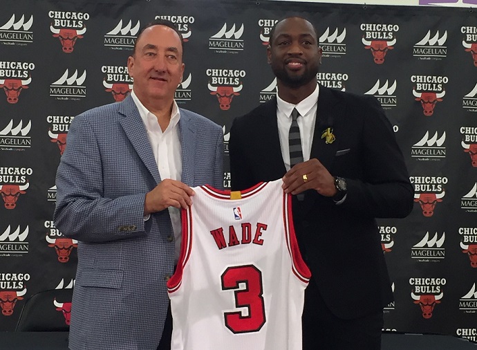 Chicago Bulls GM Gar Foreman offiically welcomes Dwyane Wade, FRiday, July 29th, at the Advocate Center. (Photo by Rachel Brady, WLS Sports)