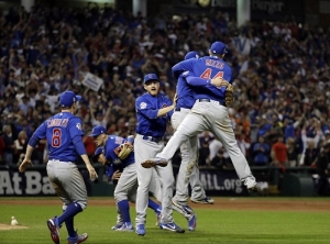 The Chicago Cubs celebrate after Game 7 of the Major League Baseball World Series against the Cleveland Indians Thursday, Nov. 3, 2016, in Cleveland. The Cubs won 8-7 in 10 innings to win the series 4-3. (AP Photo/David J. Phillip)
