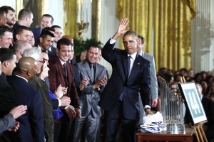 President Barack Obama waves during a ceremony in the East Room of the White House in Washington, Monday, Jan. 16, 2017, where the president honored the 2016 World Series Champion baseball team. (AP Photo/Carolyn Kaster)